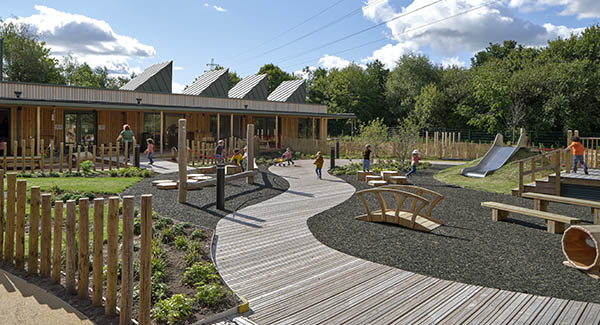 children playing in the outdoor play area of the Woodlands Nursery and Forest School