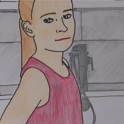 Artwork of a female presenting girl trying on masculine clothing in the bathroom. The artwork is created with fine-liners and colouring pencils. 