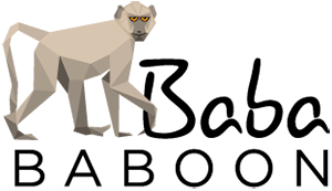 Baba Baboon logo features a grey baboon