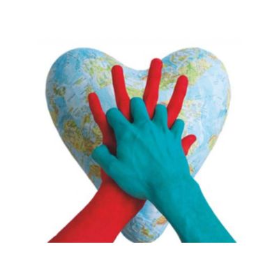 Restart A Heart Day Logo featuring pair of hands interlinked across a world map shaped in a heart. 