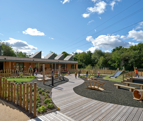 Outdoor area of the Woodlands Day Nursery with children playing