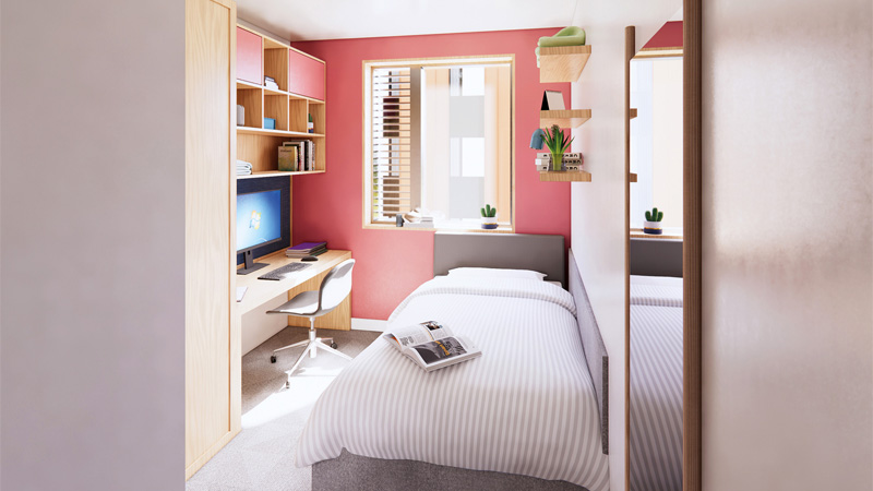 Artist's impression of a modern cluster block bedroom in the Student Village