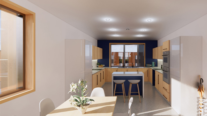 Artist's impression of a modern cluster block kitchen in the Student Village