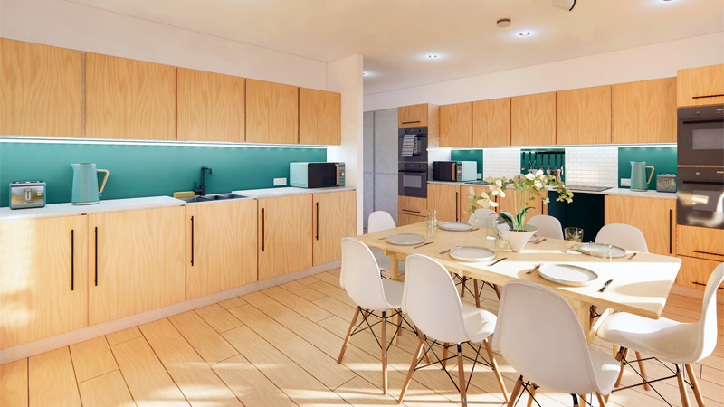 Artist's impression of a modern townhouse kitchen in the Student Village