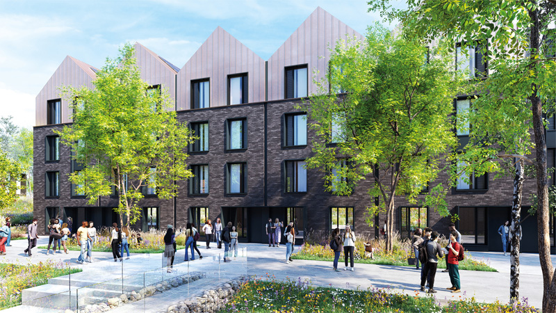 An artist's impression of the new Student Village Townhouses showing modern houses, trees and groups of students