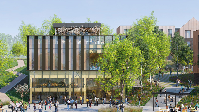 An artist's impression of the new Village Hub building showing a modern building with trees and students gathered outside